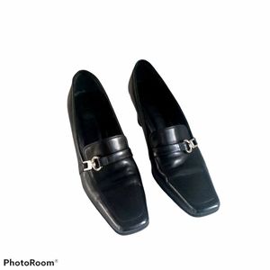 Coach black leather chunky heeled loafer
